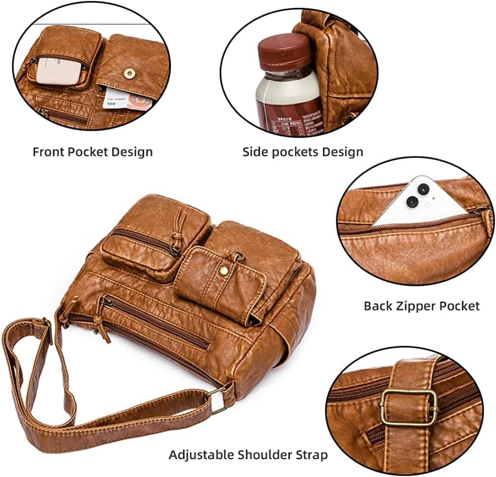 LESSO Shoulder Bag for Women Multi Pocket Crossbody Purse Soft Leather Handbag Large Capacity Messenger Satchel
