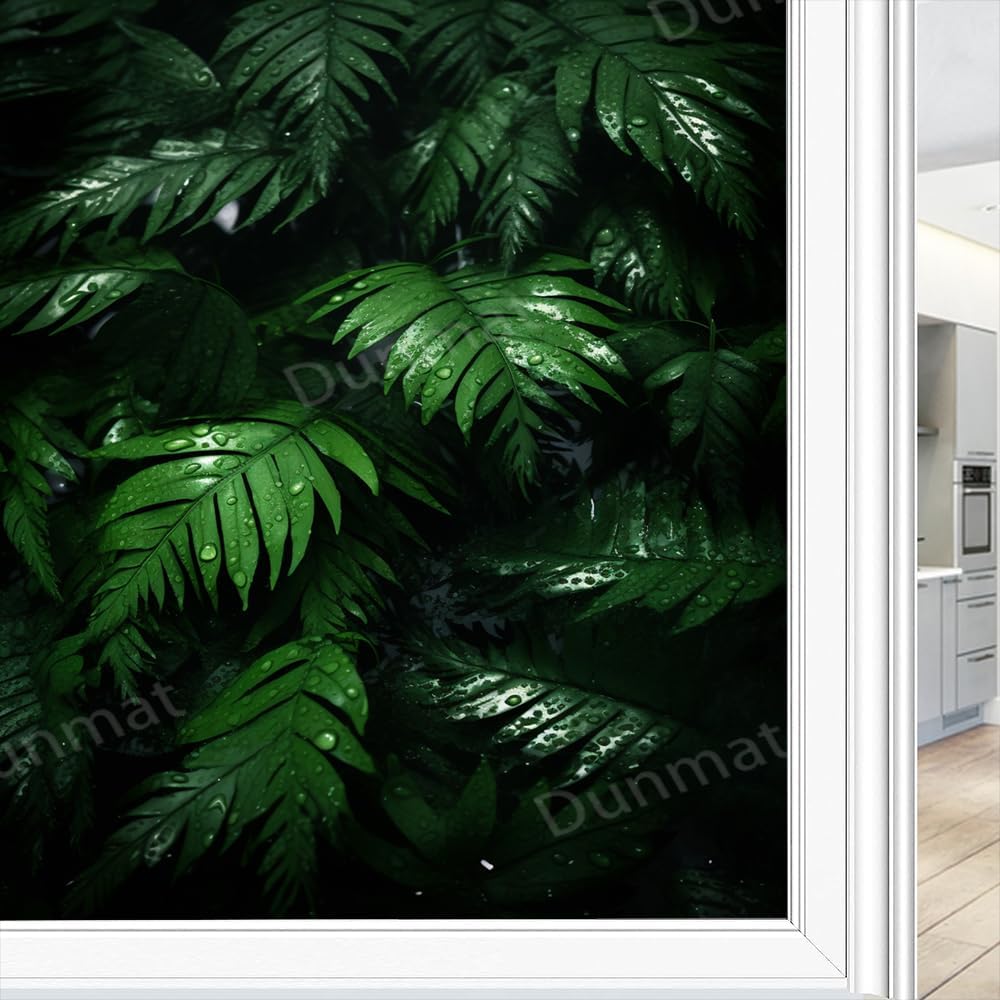 Rustic Fern Leaf Stained Glass Window Film Water Drops Plant Leaves Nature Privacy Window Film Glass Door Covering Self-Adhesive Window Stickers for Bathroom Kitchen 23.6Wx35.4L inch