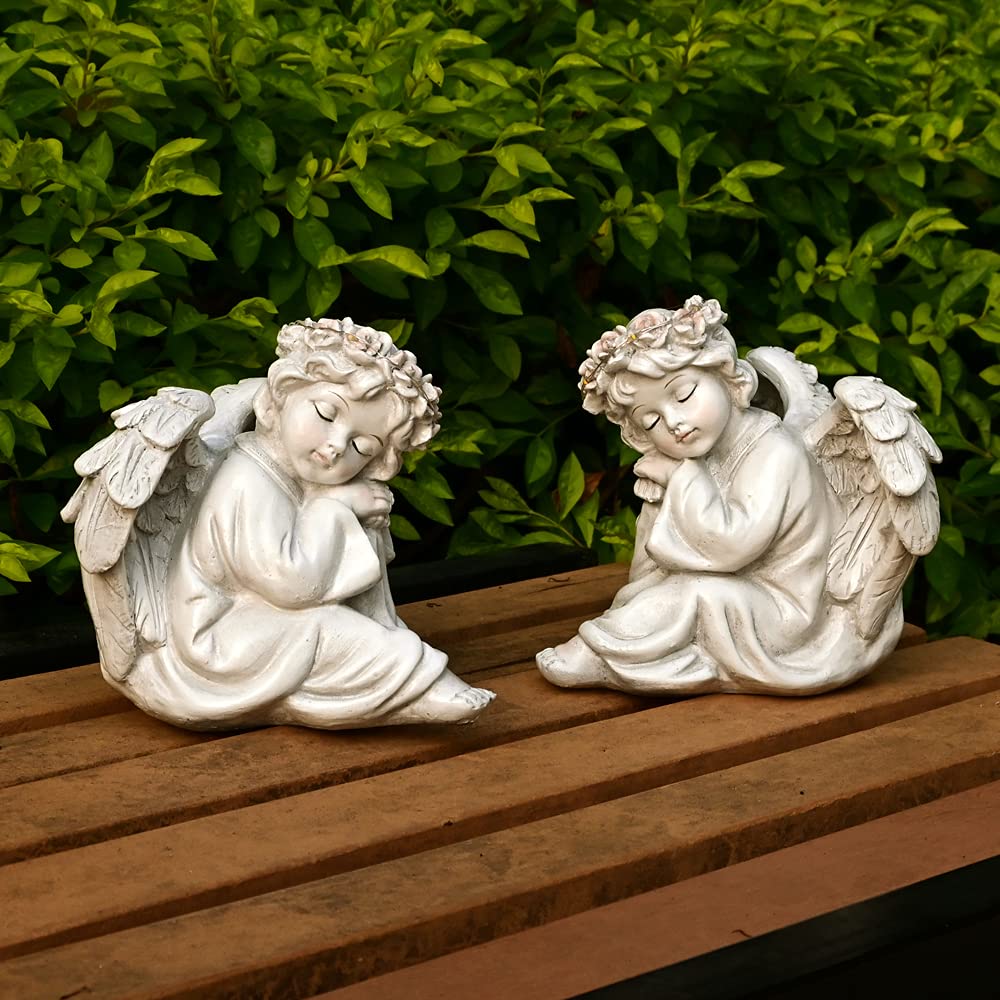 Juliahestia Angel Statue Garden Decor for Outside Solar Outdoor Decorations Cherub for Christmas Yard Porch Home Lawn Gifts (2pcs) Light up Figurine Memorial with Halo