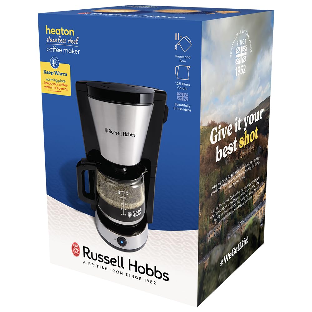 Russell Hobbs Macchina Caffè Americano,1.25 L, 10 Tazze, Filtro Incluso, Mantenimento Caldo 40 min, Funzione Pausa e Versa, Pulsante Brew Now, Illuminazione Blu, Acciaio Inox – Heaton 27400-56
