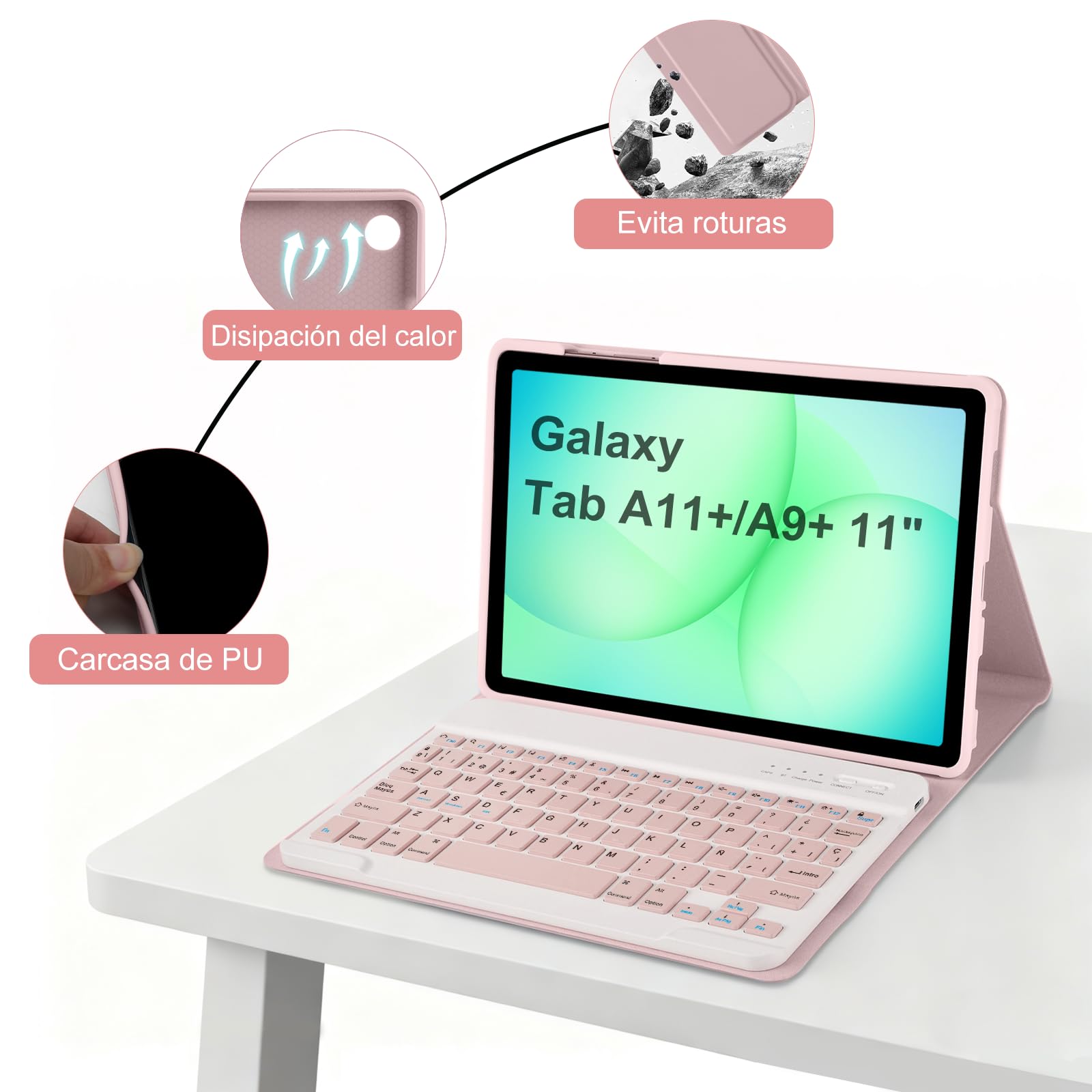 GAOJIE Funda con Teclado para Samsung Galaxy Tab A11 Plus 2025 & A9 Plus 2023 11 Pulgadas SM-X210/X216/X218, Español Ñ Bluetooth Teclado Magnético, Funda Protectora para Galaxy Tab A9+(Rosa)