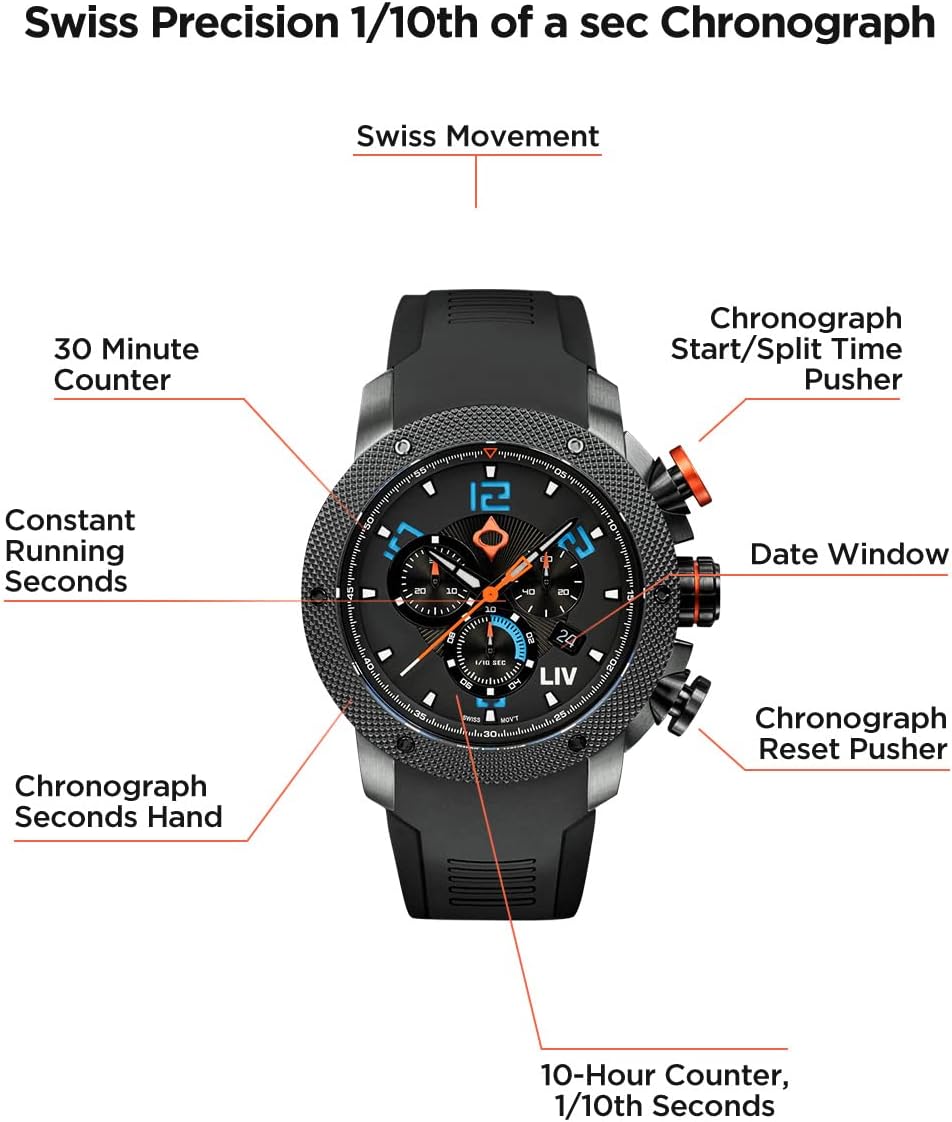 LIV GX1 Swiss Made Chronograph 45mm 316L SS Case, 3D Multi-Layer w/Quickset Date - Rugged Classic Watch- Scratch Resistant Sapphire Crystal - 660 Feet Water Resistant - BGW9 Swiss Luminova