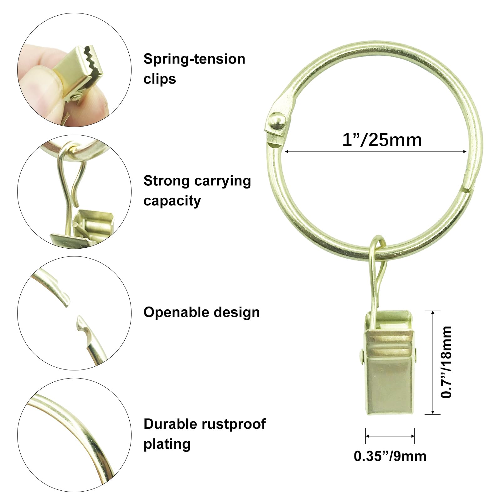 Öffnbare Vorhangringe mit Clips Innendurchmesser 24er-Pack Rostfreier Metallring Dekorative Vorhang Vintage Gold TXZWJZ – Bild 4