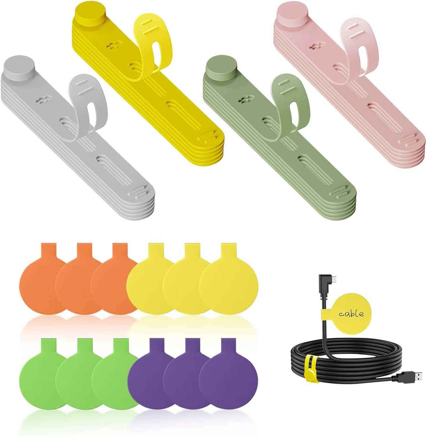 UMUST 36-Pack Silicone Cable Ties and Cable Labels Sets, 24 Silicone Cord Ties+12 Identification Cord Labels，Reusable Wire tie and Wire Tags for Cable Management (Multi-Colored)