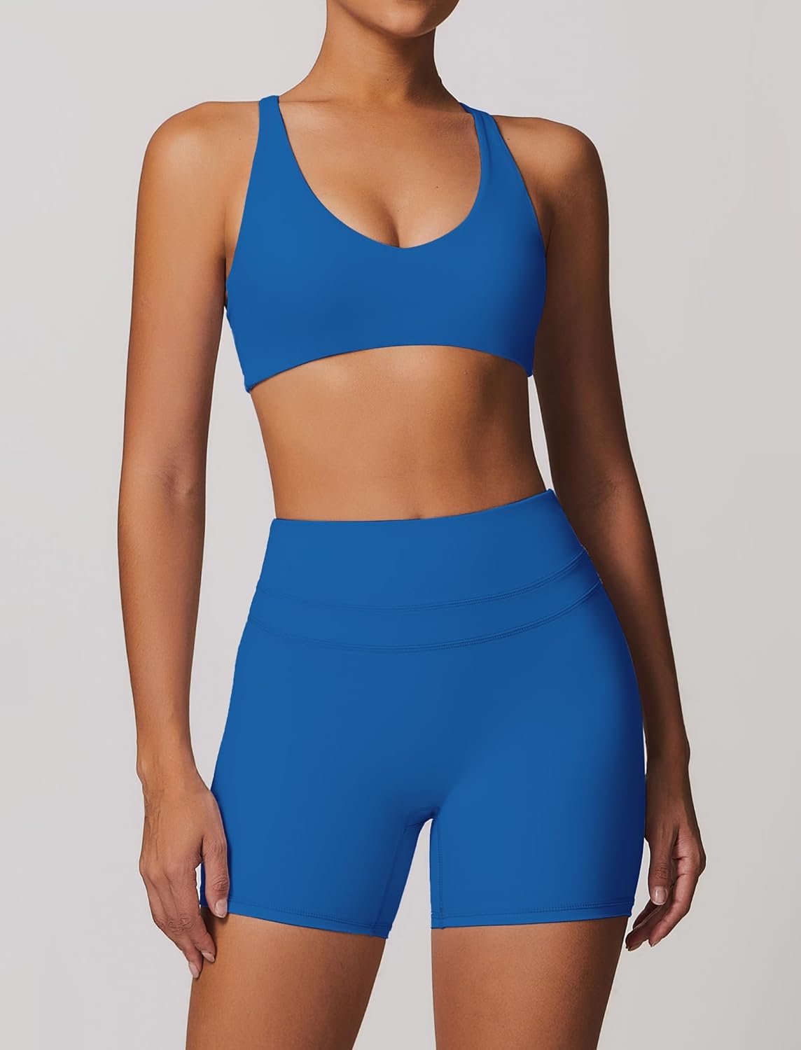 ABOCIW Workout Sets for Women 2 Piece V Neck Twist Back Sports Bra High Waist Biker Shorts Yoga Outfits - Image 2