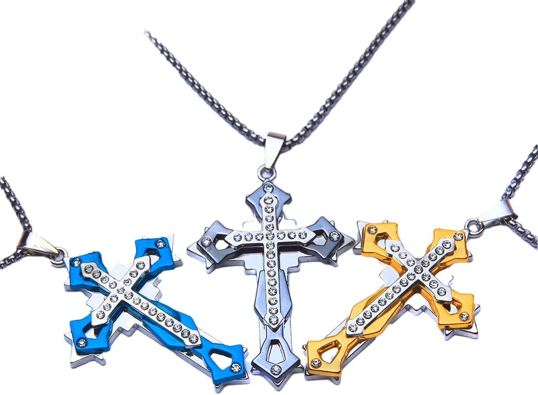 Multi Diamond Stainless Steel Cross Necklace, Large Pendant and Strong Chain For Men Women, Christian Prayer Gift Friendship Jewelry