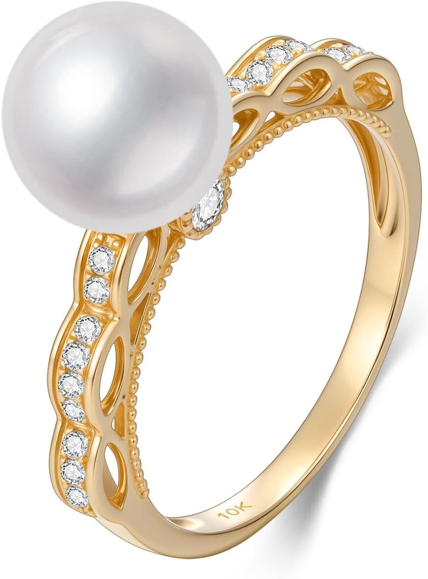 10K Solid Gold Pearl Wedding Ring for Women, Yellow Gold Moissanite 9mm Freshwater Pearl Flower Ring, June Birthstone Jewelry Gift Anniversary Birthday Christmas Gift for Her, Size 6-8