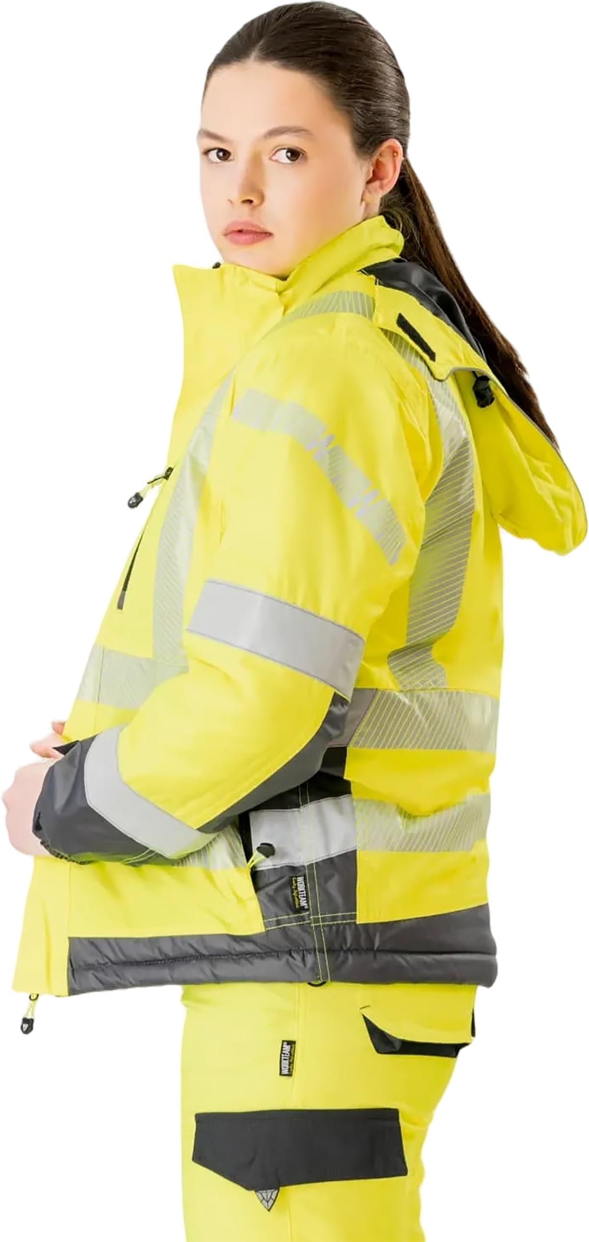 WORKTEAM Parka Acolchada Alta Visibilidad, Cintas Reflectantes Segmentadas, Cuello Alto con Capucha Ajustable, impermeable Clase 2, Unisex