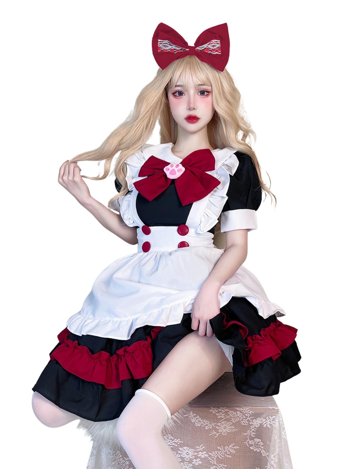 GRAJTCIN Womens Anime French Maid Outfit Lolita Cosplay Dress Halloween Costume with Socks: Large Red