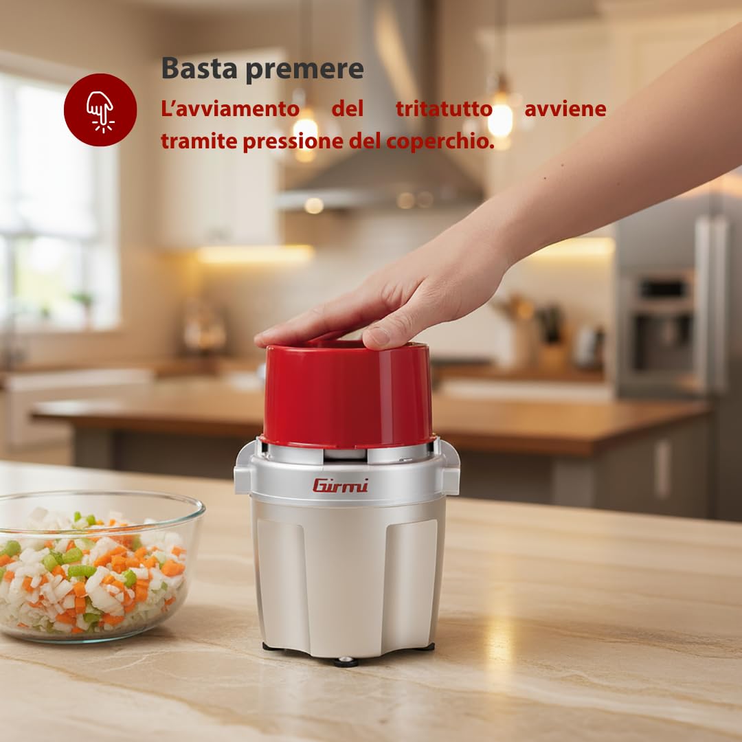Girmi TR20 Tritatutto, 600W, Capacità 250cc, Lame in Titanio, Lavabile in Lavastoviglie, Dispositivo di sicurezza, Grigio/Rosso