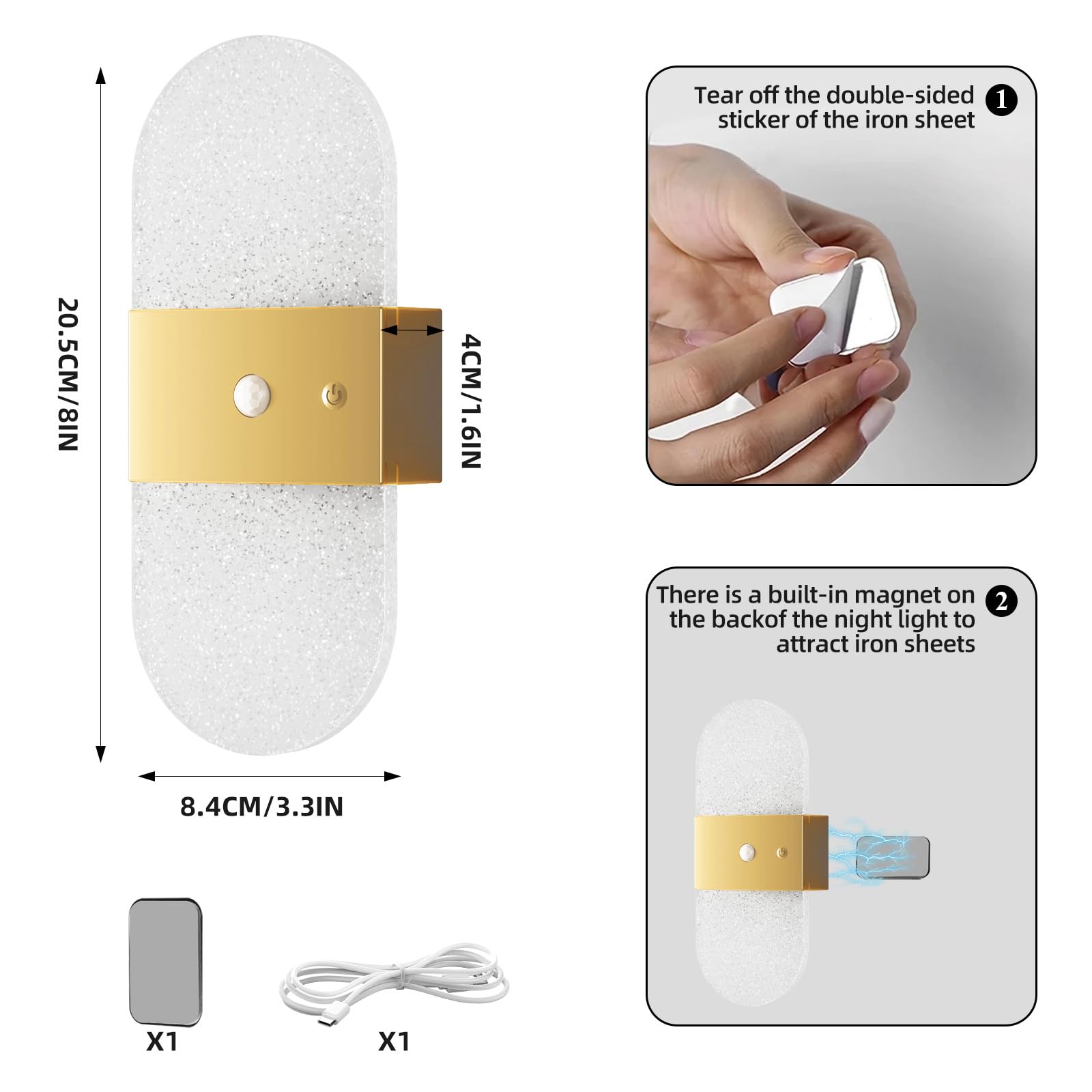 EaEa Akku Wandleuchte Innen mit Bewegungsmelder Ohne Stromanschluss LED Kabellose Wandlampe Acryl Touch Dimmbar Nachttischlampe Wand USB Aufladbare Magnetische Wandbeleuchtung Ohne Bohren,Gold