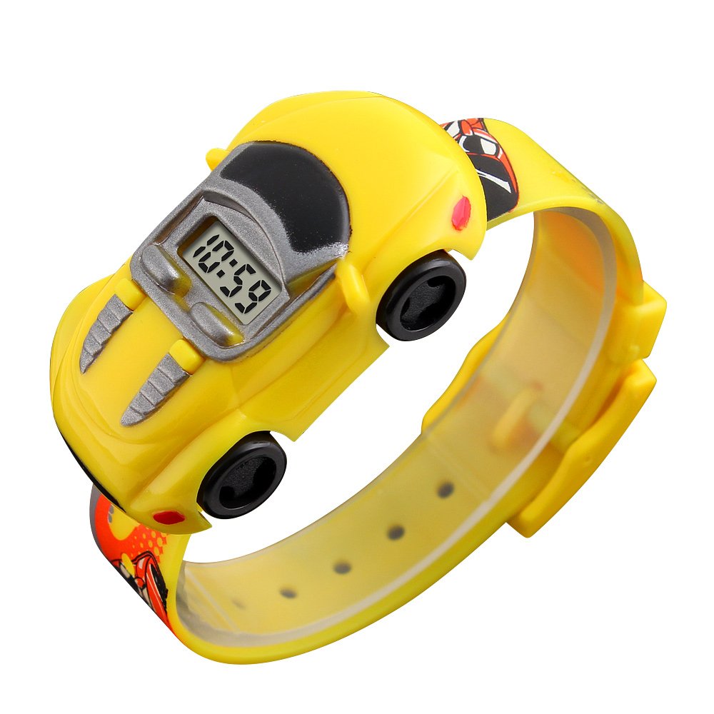 Kids Boys Children's Electronic Watches Colorful Creative Car Theme Digital LED Sports Quartz Watches (Yellow)