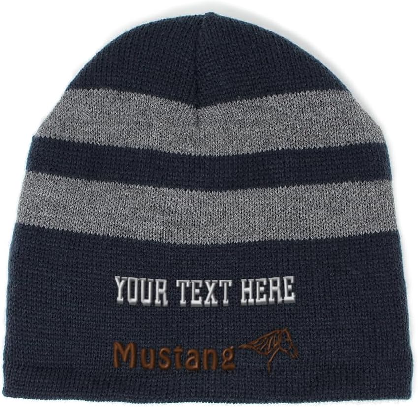 Custom Striped Beanie for Men & Women Mustang Acrylic Fleece Skull Cap Hats 1 Size