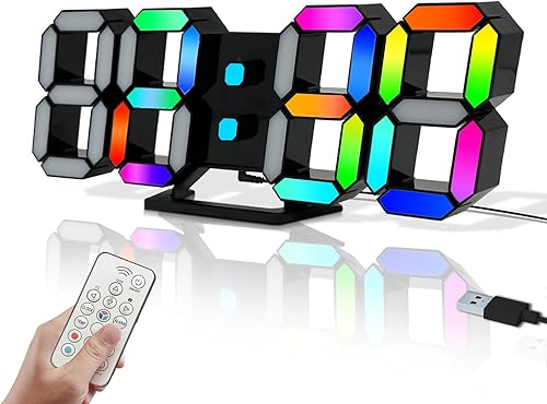COVERY Reloj de escritorio digital LED 3D, relojes de pared de números grandes de 10 pulgadas, arcoíris, luces de neón, alarma, repetición,