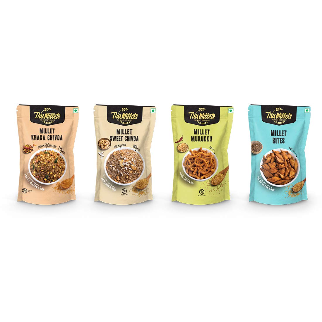 Trumillets Healthy Millets Snack Pack (Khara Chivda, Millet Bites, Murukku, Sweet Chivda) - 125g Each, Kodo Millet-Based, Gluten-Free, Keto-Friendly, High in Protein & Fiber