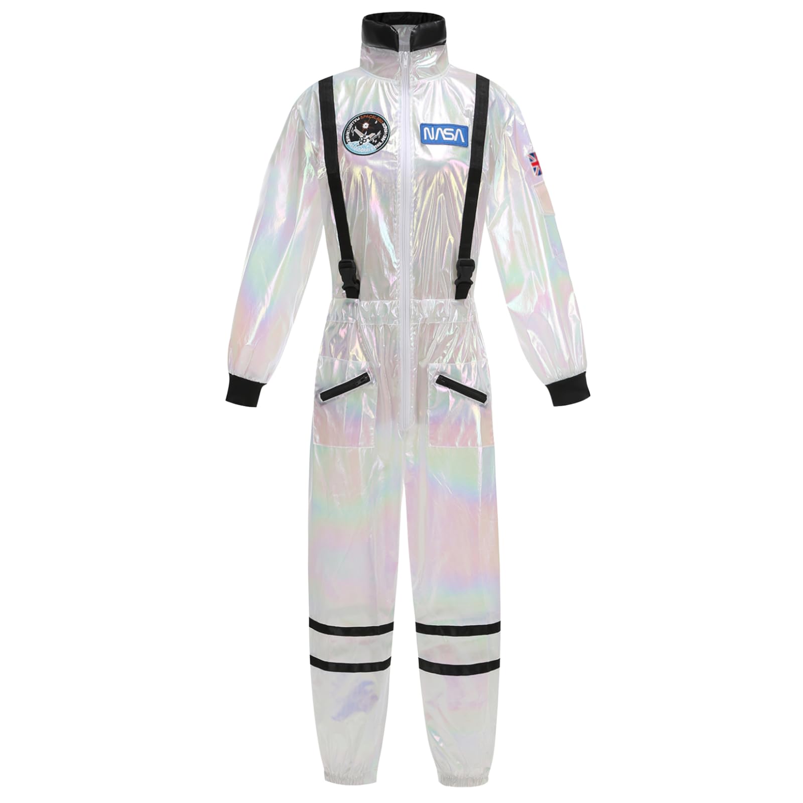 RRCBMD Women's Astronaut Costume Adult Shiny White Spaceman Coverall Flight Jumpsuit Halloween Cosplay Dress Up Space Birthday Gifts S