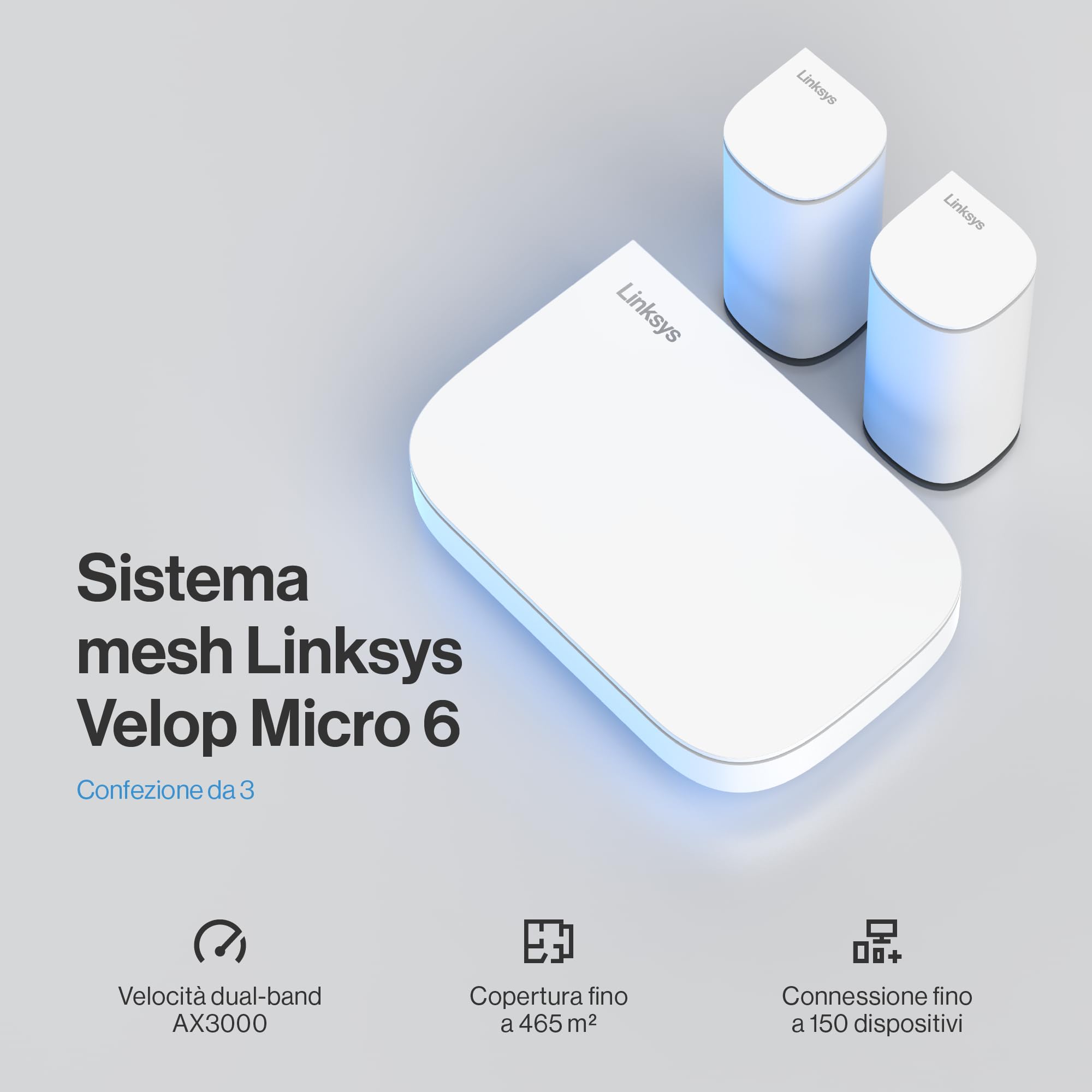 Linksys Velop Micro WiFi 6 mesh dual-band, Router WiFi 6, Velocità max 3 Gbps, portata 465 m2, per oltre 150 dispositivi, Sostituisce extender e router, confezione da 3