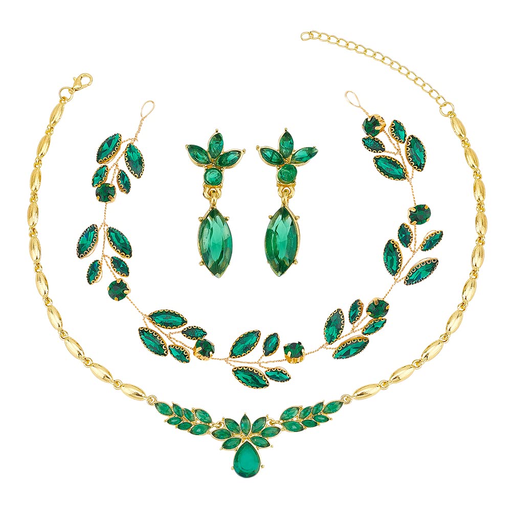 CHGCRAFT Conjunto de joyas de boda para novia, color verde, para novia, pelo de vid, boda, diamantes de imitación, diadema de cristal, pulsera, pendientes colgantes, juego de boda, fiesta, joyas para
