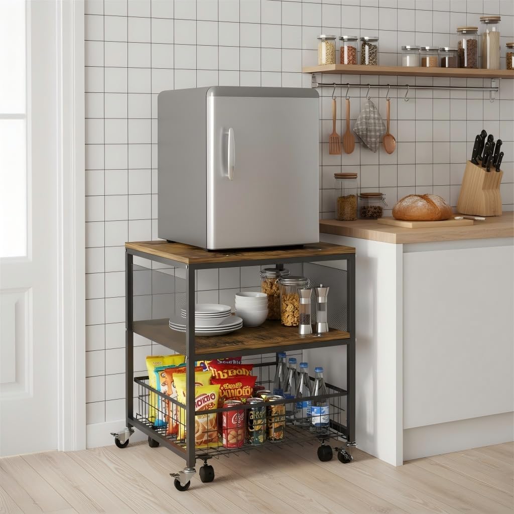 Hadulcet 3-Tier Small Refrigerator Stand with Storage- Rolling Mini Fridge Cart with Wheels, Heavy Duty 21" L* 21" W Fridge Table, Sturdy Metal Frame, for Home, Dorm, Apartment, Office, Rustic Brown