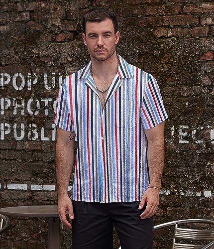 Image of VATPAVE Mens Striped Summer Shirt Casual Button Down Short Sleeve Beach Shirts Cotton Shirts for Men