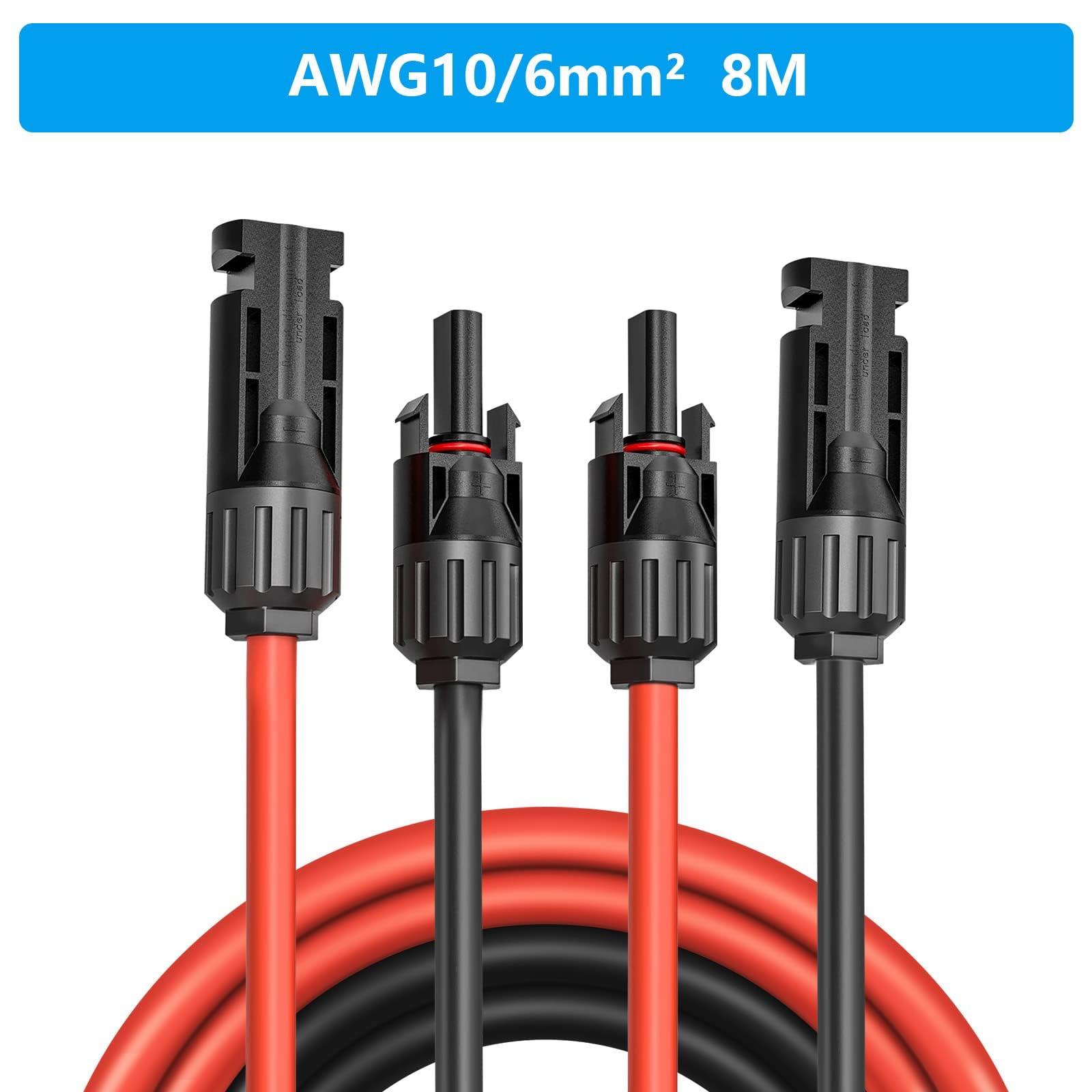 Cable de extensión del Panel Solar,AWG10/6 mm² 8m,con Enchufe Macho/Hembra para Fotovoltaica,Cable fotovoltaico (Negro + Cable Rojo) para Paneles Solares, Sistemas Fotovoltaicos