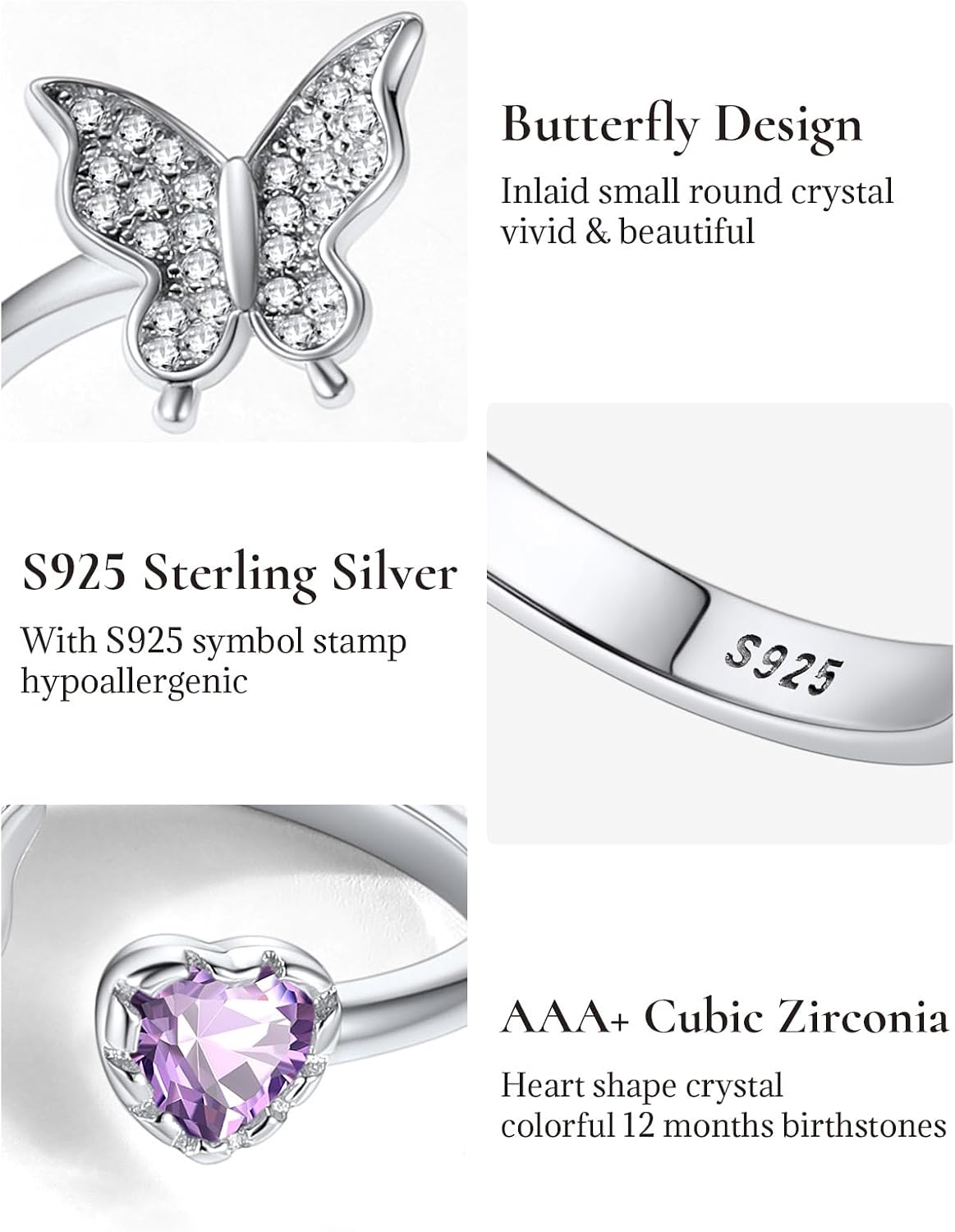 SILVERCUTE Butterfly Rings for Women - 925 Sterling Silver Birthstone Ring Women Jan-Dec Adjustable Ring with Cubic Zirconia Cute Butterfly Jewelry
