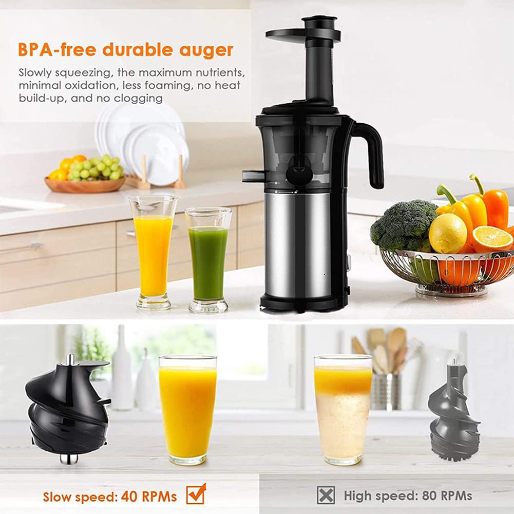 Licuadora de prensado en frío - 200 W, Acero Inoxidable, Baja Velocidad, máquina para extraer Jugo de Frutas, Verduras, sorbetes y Helados - Libre de BPA, Alto Rendimiento de Jugo