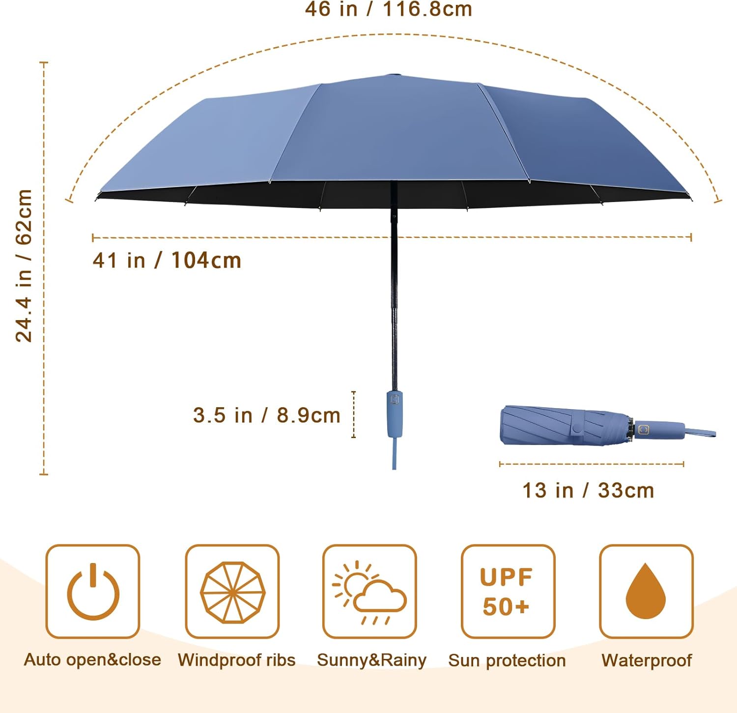2-Pack Windproof, Waterproof, UV-Blocking Portable Travel Umbrella, Compact Sun & Rain Folding Umbrella, Double Rib Structure, Large Auto Open and Close Car Umbrella - Image 2