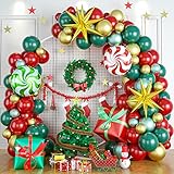 Christmas Balloon Garland kit, Red Metallic Dark Green Gold Xmas Balloon Arch with Red Green Candy Cane Gift Box Balloons Gold Explosion Star Foil Balloons for Home Outdoor Christmas Party Decorations -  Lingqiang