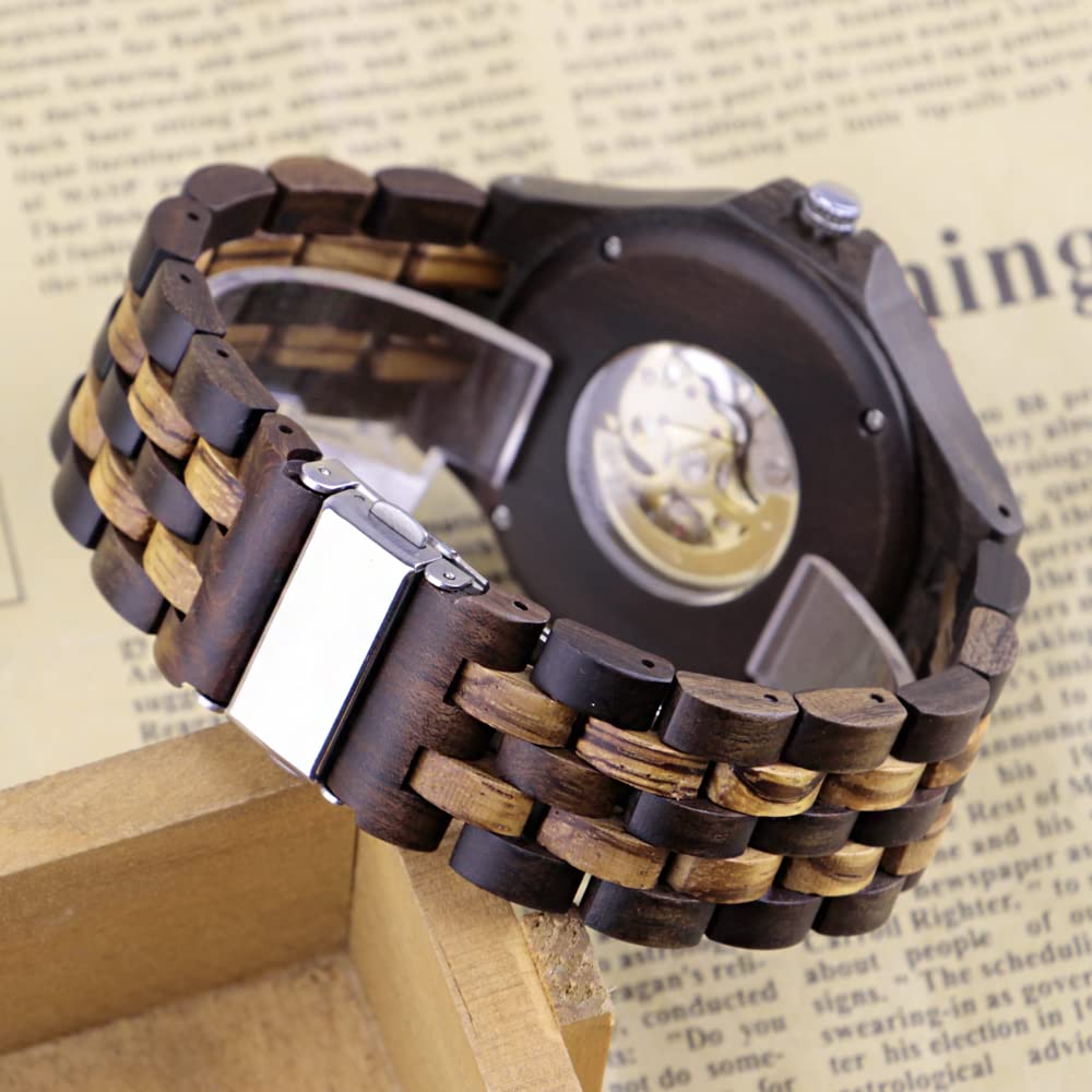 Tiong marrón cuatro dígitos hombres reloj de madera reloj automático hueco reloj de madera mecánico reloj de hombre, Mwd-05circle, Pulsera