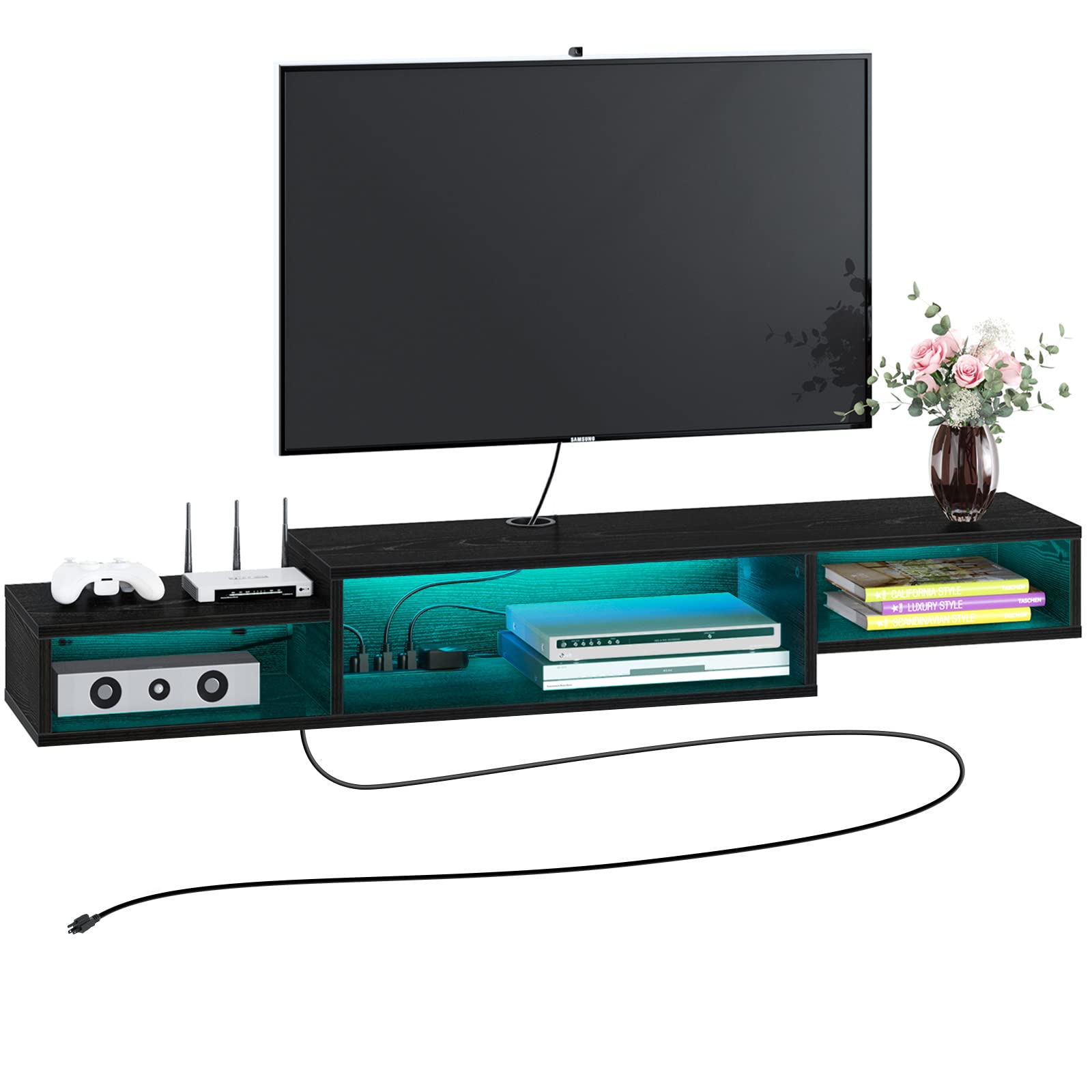Rolanstar Floating TV Stand with Power Outlet & LED Light, 59" Wall Mounted Entertainment Center with Storage, Media Console Shelf for Living Room, Bedroom, Under TV Shelf, Black