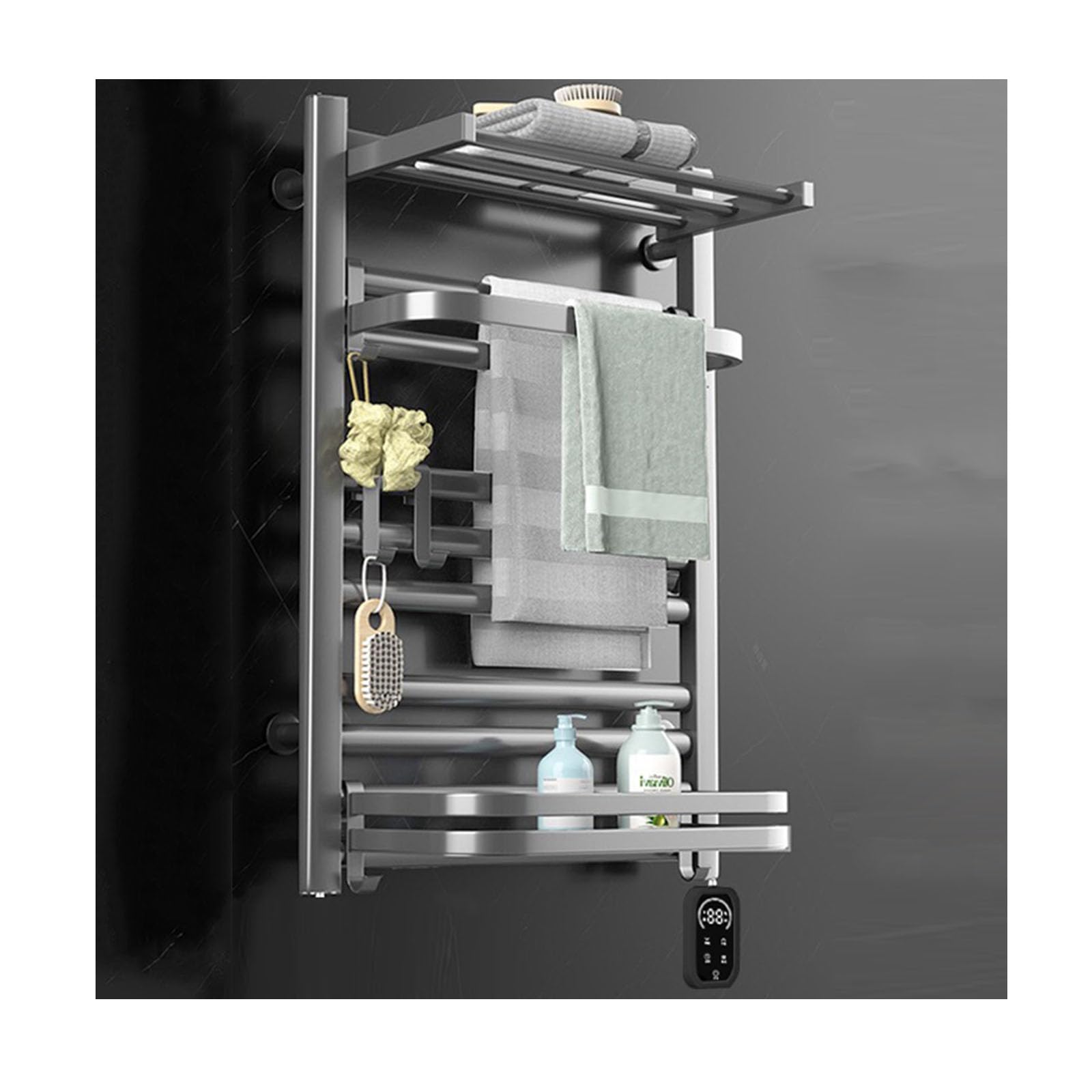 Toallero calefactable de pared gris con temporizador y estante superior de 70 A para baño
