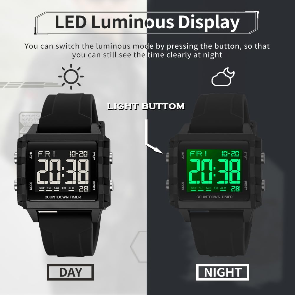 findtime Montre numérique étanche pour homme avec rétroéclairage LED, alarme, chronomètre, compte à rebours