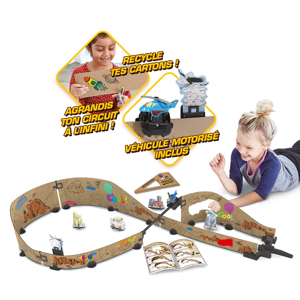 VTech - Car-Board Racers, tor samochodowy Flight Challenge, tory wyścigowe z tektury z recyklingu * Możliwość nieograniczonego rozbudowy za pomocą śmigłowca z napędem, prezent dla dzieci od 5 lat -