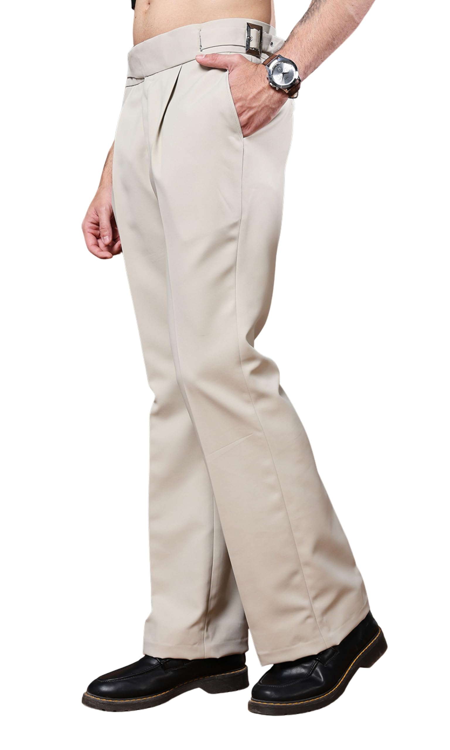 vastranu Mens Beige Gurkha Pants with Classic Buckle Closure Premium Casual Bell Bottom Trousers for Men High Waist Pleated Formal & Casual Wear Pant Stylish Retro Flared Bottom Pant-picture-36