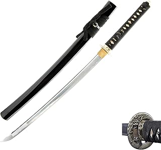 HMS Aluminium Alloy Unsharpened Iaido Training Wakizashi Sword, Handmade, Full Tang, Dragon Tsuba, Black Scabbard