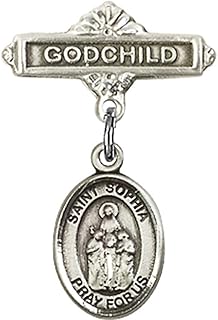 Sterling Silver Baby Badge with St. Sophia Charm and Godchild Badge Pin 1 X 5/8 inches