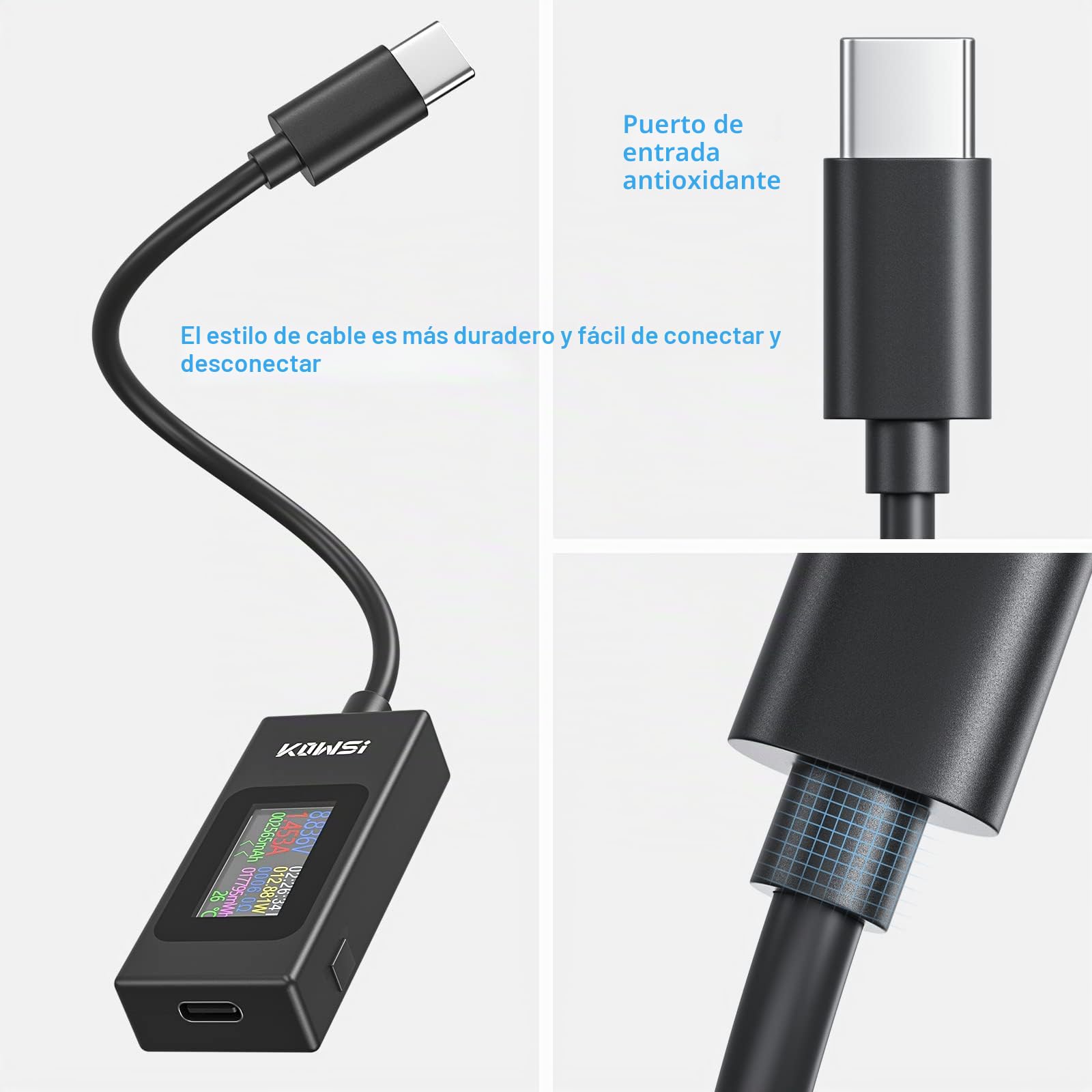 YOJOCK USB C Tester Medidor de Potencia 4-30V 0-6.5A Medidor de Voltaje y Corriente, Capacidad USB, Temperatura de Trabajo Amperímetro Voltímetro Banco de energía Cargador Detector