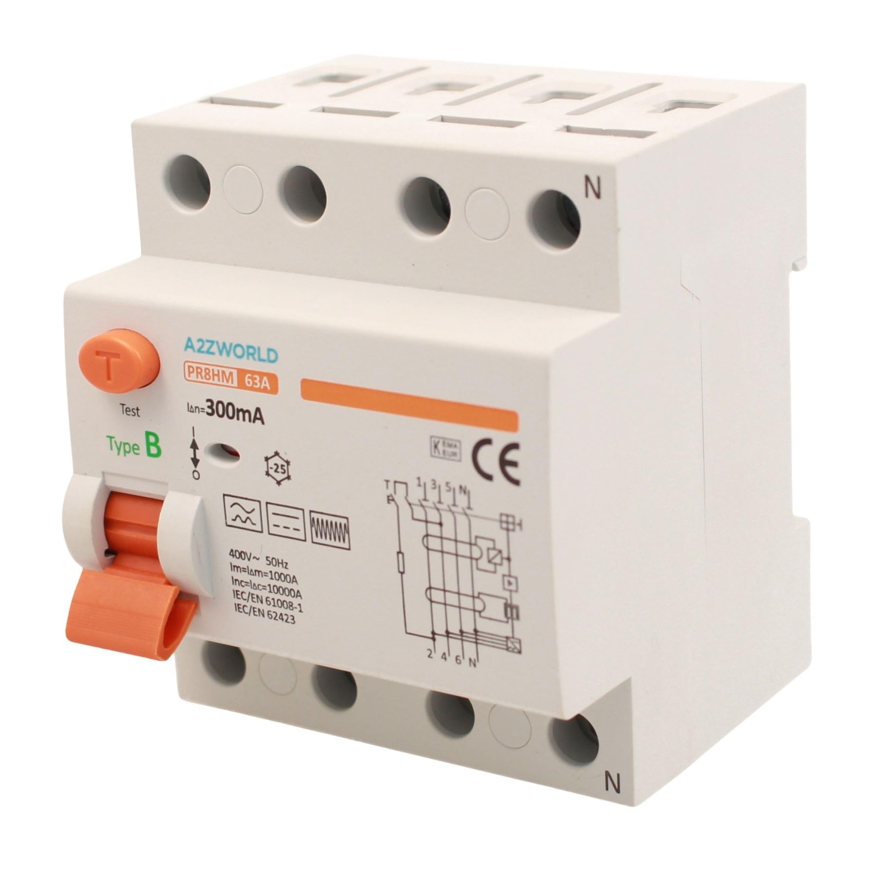 Interruttore Differenziale Puro Tipo B Trifase, Salvavita 300mA 63A, RCCB 3P+N 10kA 380V, 4 Moduli DIN, Serie PR8HM Elettromagnetica, Certificato IEC61008-1