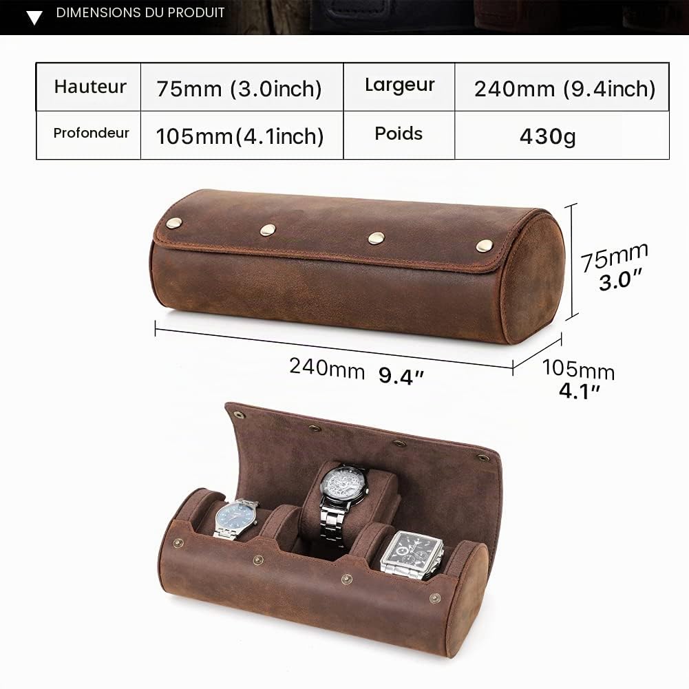 Contacts Étui de voyage en cuir véritable pour homme et femme, boîte de rangement de montre, pochette de protection à 3 emplacements pour montre