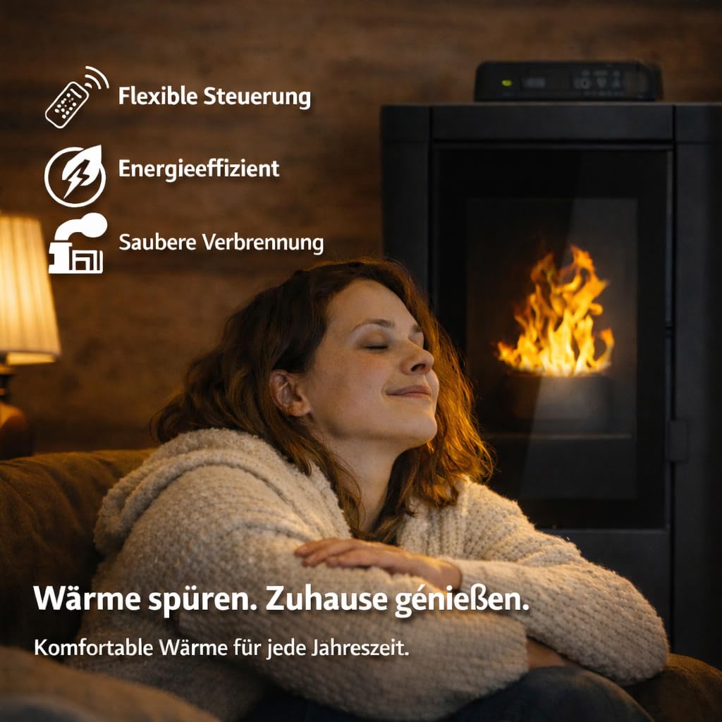 NEMAXX® P6Mi Estufa pellets 6 kW A+ hasta 120 m³,ciclo limpieza automático,modo ECO,programa semanal,mando a distancia,WiFi opcional,desconexión segura,protección vacío,sobrecalentamiento,Negro