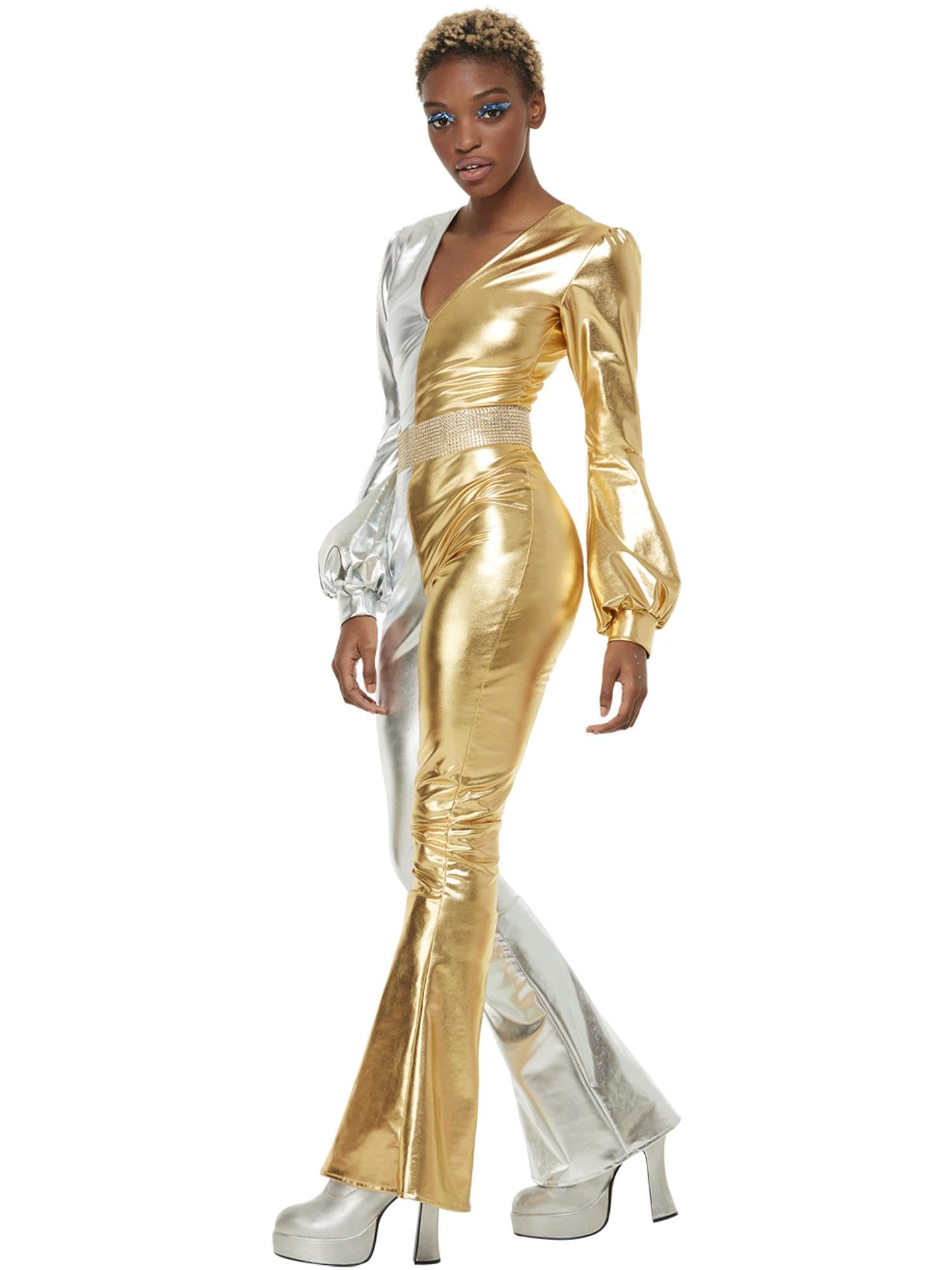 Smiffys 70s Super Chic Costume, Gold & Silver All In One & Belt, Disco SM 8-10