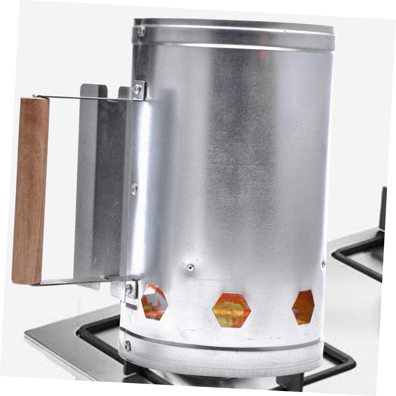 VANZACK Encendedor de Carbón con Mango de Madera para Chimenea y Barbacoa | Color Plata, Metal y Madera, Ignición Rápida y Protección Térmica, Uso en Camping y Jardín