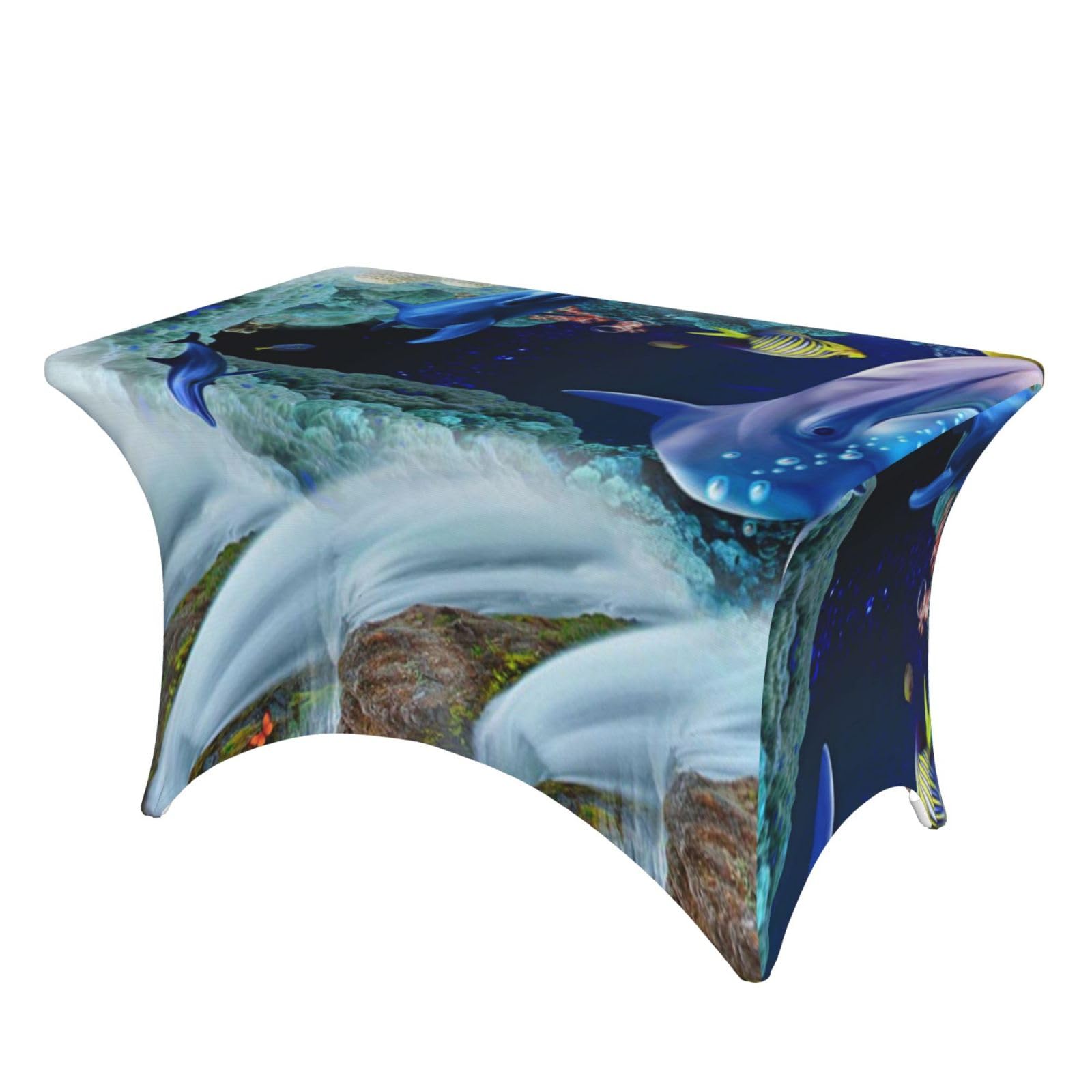 Dcehgew Dolphin 4Ft Spandex Rectangular Table Cloth, Printed Fitted Elastic Tablecloths Washable Table Cover For Event, Wedding, Banquet & Party