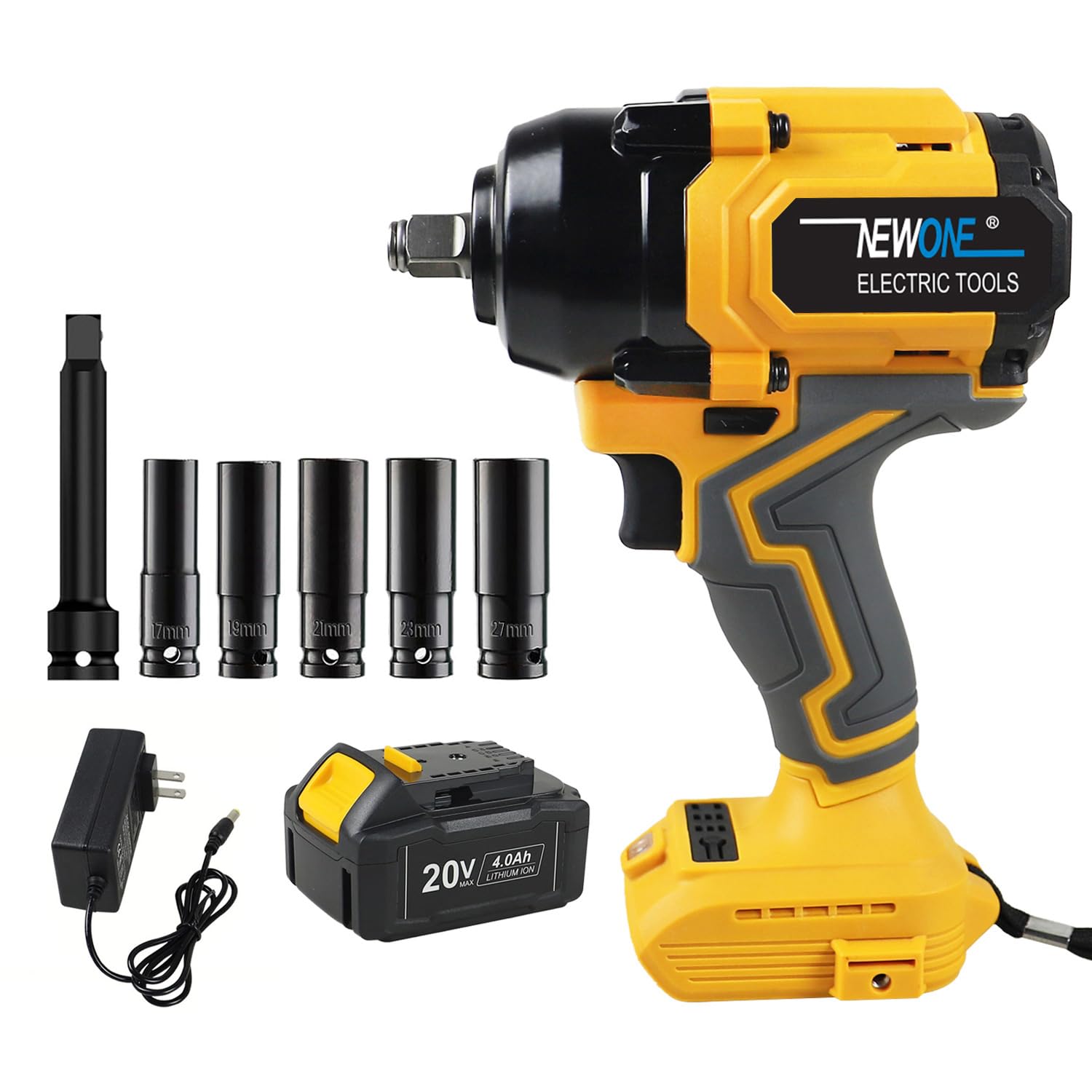 NEWONE Impact Wrench for DeWalt 20v Battery,1200N.m(925ft-lbs) Brushless 1/2 inch,1800RPM High Torque, 4.0Ah Battery, Charger, 5 Sockets, for Car Home