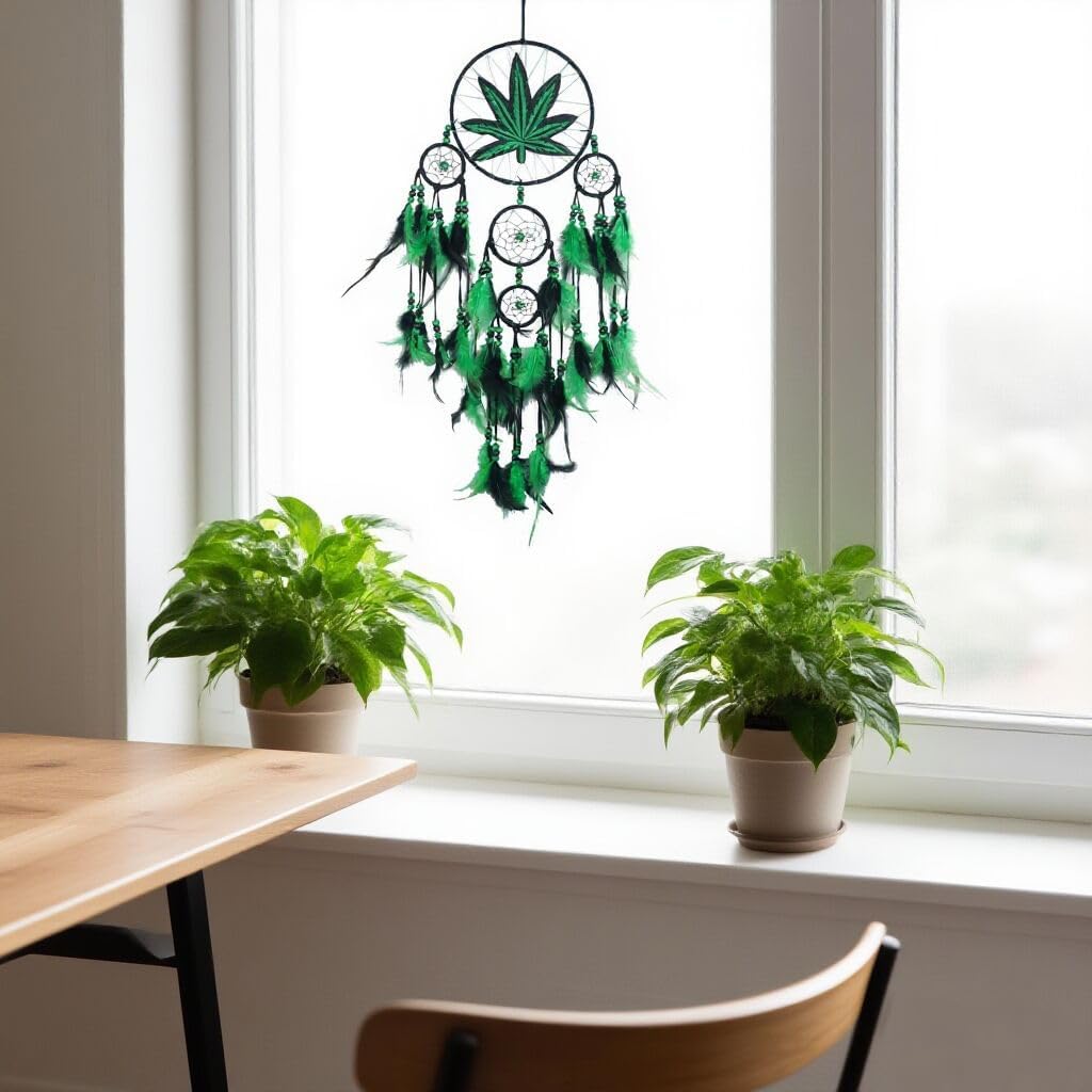 Green Leaf Weed Dream Catcher Wall Hanging Decor Bedroom Adult Living Room Home Bohemian Decorations (5 Rings)