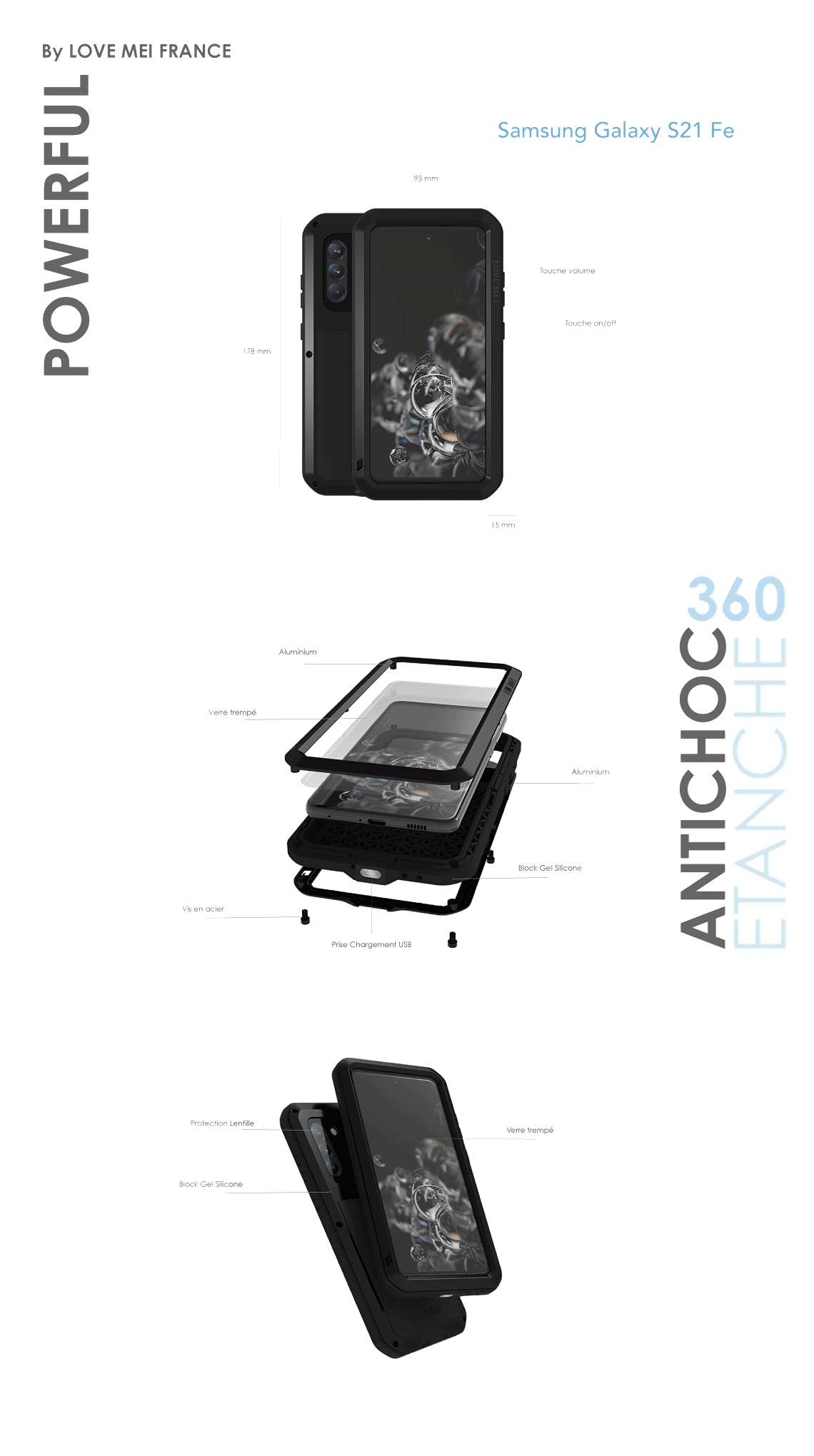 LOVE MEI Odporny na wstrząsy i wodoodporny futerał do Samsung Galaxy S21 FE Integral 360 Francja czerwony