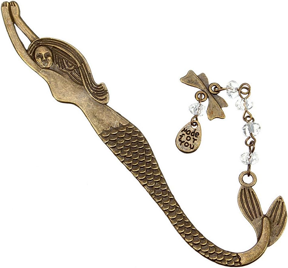 Koogel Metal Bookmark,Classical Exquisite Mermaid Hooks Bookmark with A String of Beads Mermaid Bookmark