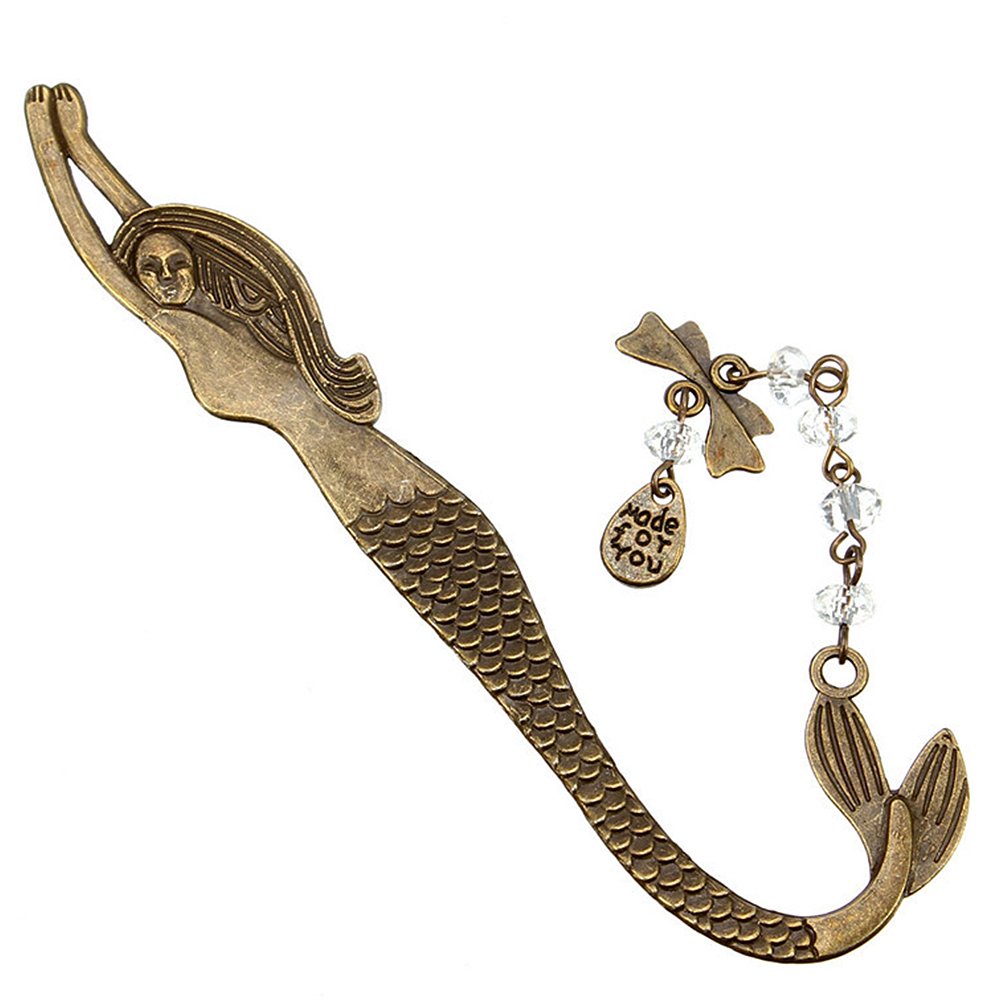 Koogel Metal Bookmark,Classical Exquisite Mermaid Hooks Bookmark with A String of Beads Mermaid Bookmark