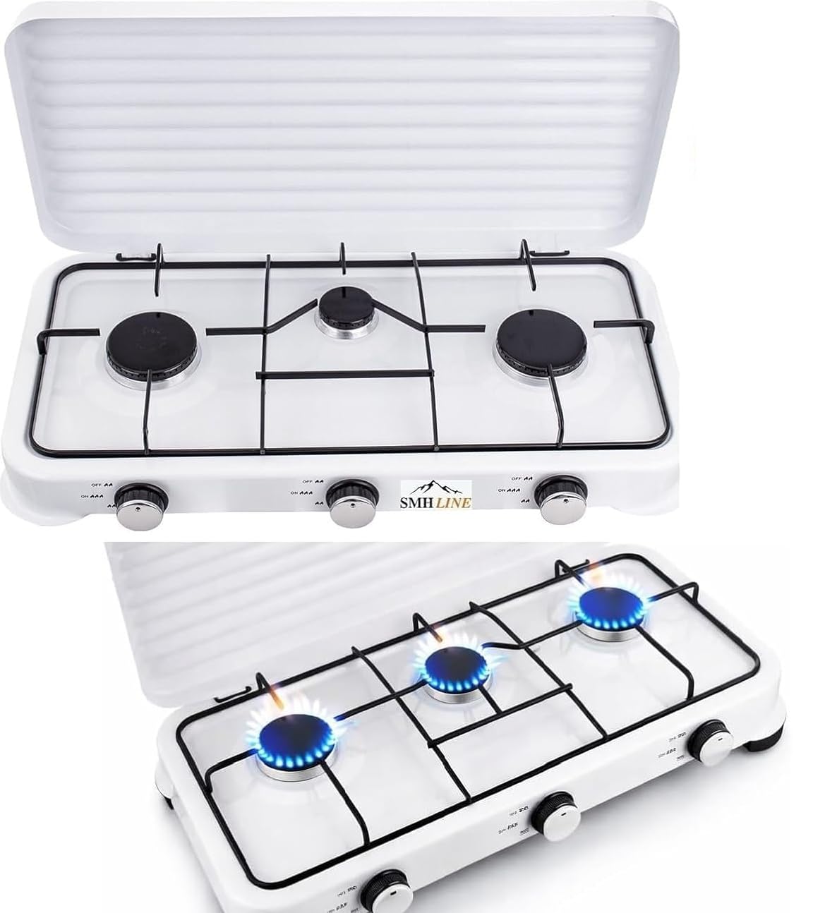 SMH LINE® Réchaud à gaz de camping à 3 flammes, sans tuyau ni régulateur, 50 mbar, gaz propane 5,4 kW, plaque de cuisson, bouteille de gaz, réchaud d'extérieur XL